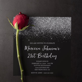 Funkelnd Silver Glitzer Black 21. Geburtstag Einladung