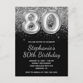 Funkelnd Silver Glitzer Black Balloon 80. Geburtst Einladungspostkarte