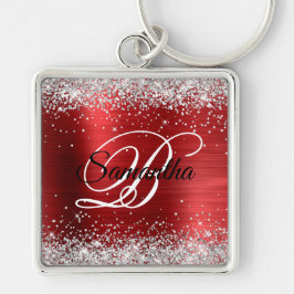 Funkelnd Silver Glitzer Girly Red Foil Monogramm Schlüsselanhänger