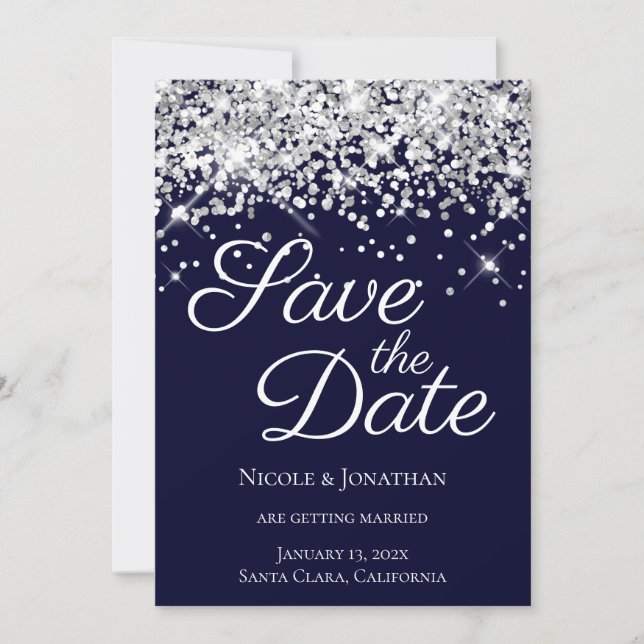 Funkelnd Silver Glitzer Navy Elegante Kalligraphie Save The Date (Vorderseite)