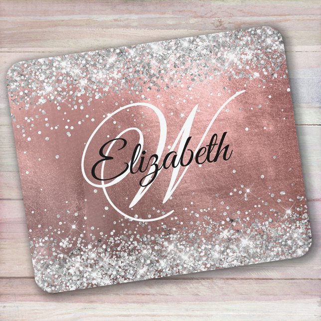 Funkelnd Silver Glitzer Rose Blush Foil Monogramm Mousepad (Von Creator hochgeladen)