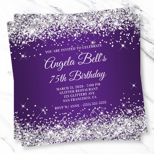Funkelnd Silver Glitzer Royal Lila 75. Geburtstag Einladung (Sparkly Silver Glitter Royal Purple 75th Birthday Invitation)