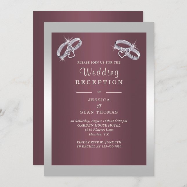 Funkelnd Silver Rings & Burgandy Hochzeitsempfang Einladung (Vorne/Hinten)