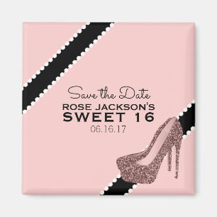 Funkelnd Stiletto Heel Sweet 16 Save the Date rosa Magnet