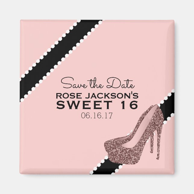 Funkelnd Stiletto Heel Sweet 16 Save the Date rosa Magnet (Vorne)