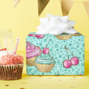 Funkelnd türkisfarbene Rosa und blaue Cupcakes Geb Geschenkpapier
