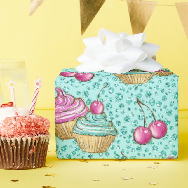 Funkelnd türkisfarbene Rosa und blaue Cupcakes Geb Geschenkpapier (Geburtstagsparty)