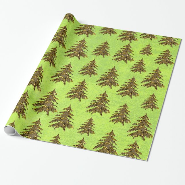 Funkelnd Weihnachtsbaum auf abstraktem Grünbuch Geschenkpapier (Ungerollt)