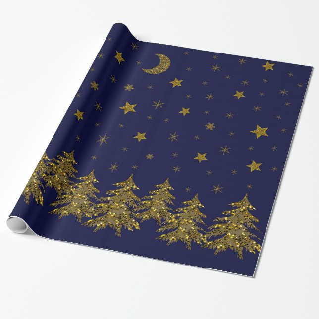 Funkelnd Weihnachtsbaum, Mond, blaue Sterne Geschenkpapier (Ungerollt)