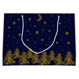 Funkelnd Weihnachtsbaum, Mond, blaue Sterne Große Geschenktüte