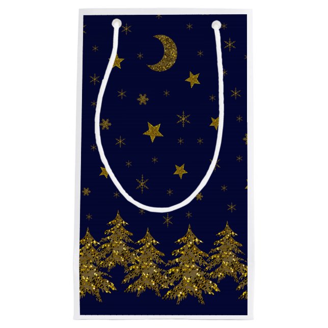 Funkelnd Weihnachtsbaum, Mond, blaue Sterne Kleine Geschenktüte (Vorderseite)