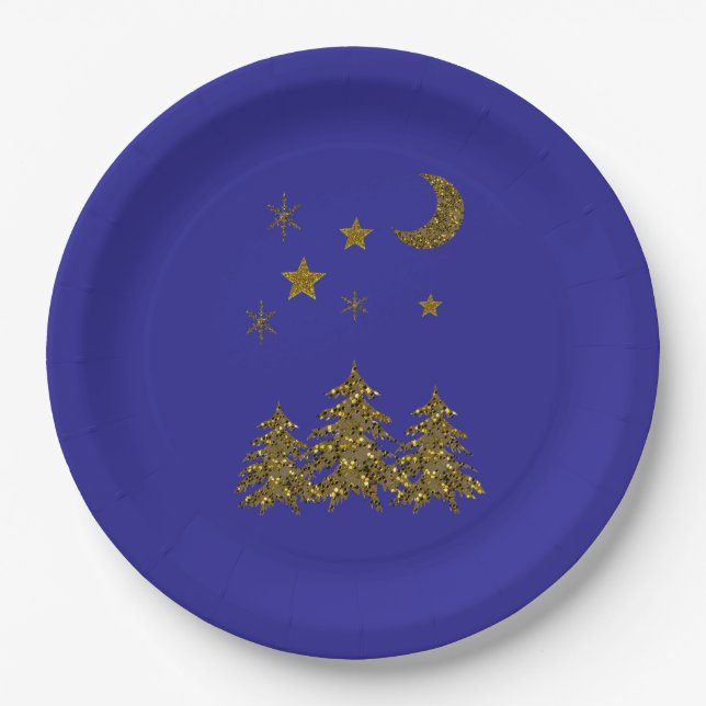 Funkelnd Weihnachtsbaum, Mond, blaue Sterne Pappteller (Vorderseite)