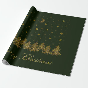 Funkelnd Weihnachtsbaum, Mond, grüne Sterne Geschenkpapier