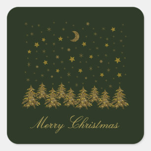 Funkelnd Weihnachtsbaum, Mond, grüne Sterne Quadratischer Aufkleber