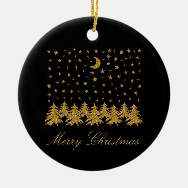 Funkelnd Weihnachtsbaum, Mond, schwarze Sterne Keramik Ornament (Vorne)