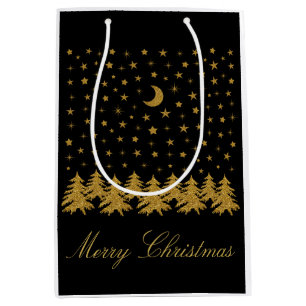 Funkelnd Weihnachtsbaum, Mond, schwarze Sterne Mittlere Geschenktüte