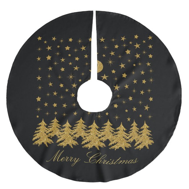 Funkelnd Weihnachtsbaum, Mond, schwarze Sterne Polyester Weihnachtsbaumdecke (Vorderseite)