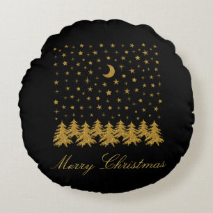 Funkelnd Weihnachtsbaum, Mond, schwarze Sterne Rundes Kissen