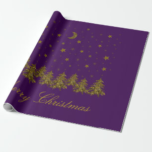 Funkelnd Weihnachtsbaum, Mond, Sterne auf lila Geschenkpapier