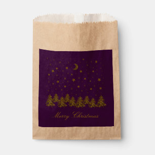 Funkelnd Weihnachtsbaum, Mond, Sterne auf lila Geschenktütchen
