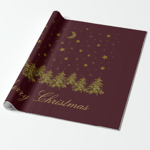 Funkelnd Weihnachtsbaum, Mond, Sterne auf Rot Geschenkpapier