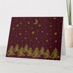 Funkelnd Weihnachtsbaum, Mond, Sterne auf Rot Karte