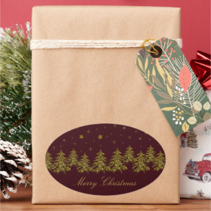 Funkelnd Weihnachtsbaum, Mond, Sterne auf Rot Ovaler Aufkleber