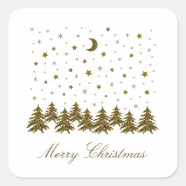 Funkelnd Weihnachtsbaum, Mond, Sterne Quadratischer Aufkleber