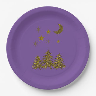 Funkelnd Weihnachtsbaum, Mond, Violettsterne Pappteller