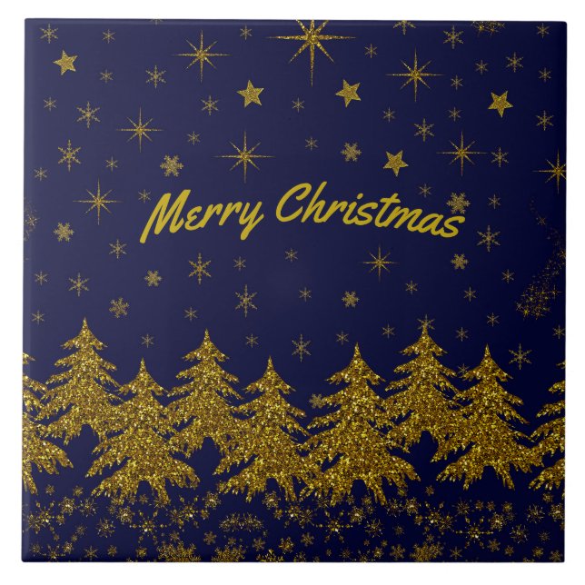 Funkelnd Weihnachtsbaum, Sterne, Schnee auf blau Fliese (Vorderseite)