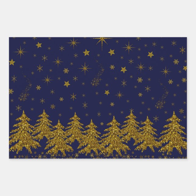Funkelnd Weihnachtsbaum, Sterne, Schnee auf blau Geschenkpapier Set (Vorderseite)