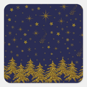 Funkelnd Weihnachtsbaum, Sterne, Schnee auf blau Quadratischer Aufkleber