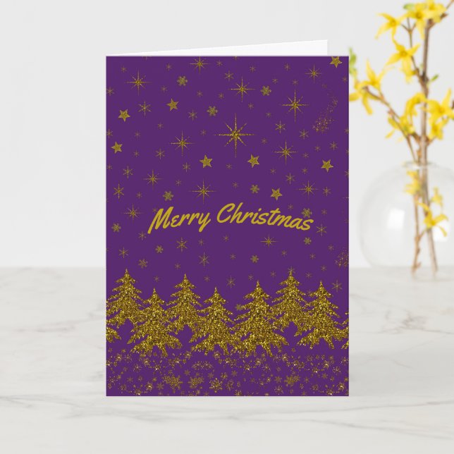 Funkelnd Weihnachtsbaum, Sterne, Schnee auf lila Karte (Gelbe Blume)