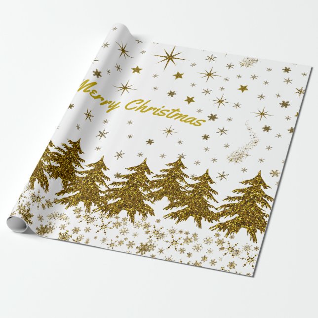 Funkelnd Weihnachtsbaum, Sterne, Schnee Geschenkpapier (Ungerollt)