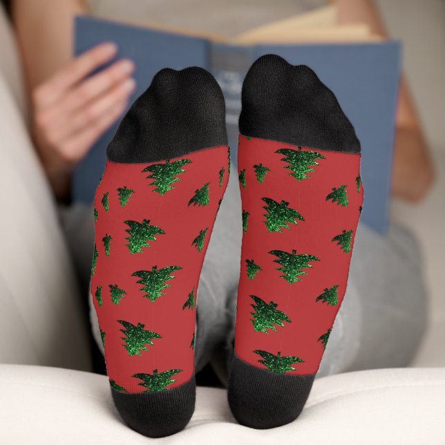 Funkelnd Weihnachtsbaumgrün-Glitzern rotes Muster Socken (Unterseite)