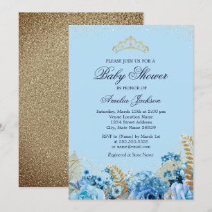 Funkelnde Blau-Gold-Glitter-Blumen-Baby-Party Einladung