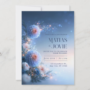 Funkelnde Blaue Dahlie Hochzeit Einladung