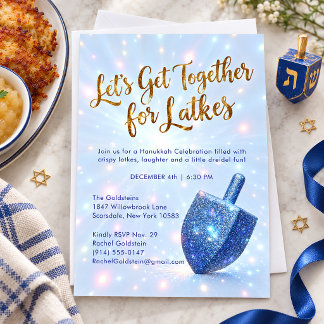 Funkelnde Blaue Dreidel Hanukkah Latke-Party Einladung