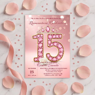 Funkelnde Blush Pink 15 Tiara Rose Quinceañera Einladung
