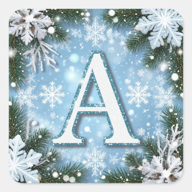 🎄 Funkelnde Buchstabe A Weihnachtsmonogramm-Schne Quadratischer Aufkleber (Vorderseite)