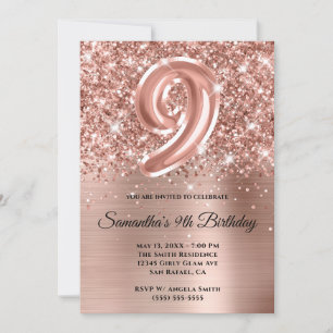 Funkelnde Glitter-Rose-Gold-Glam 9. Geburtstag Einladung