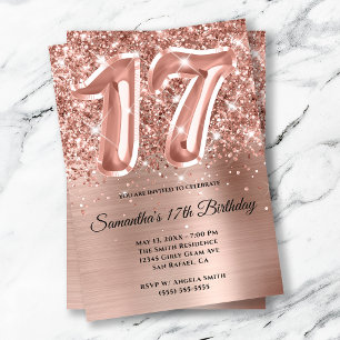 Funkelnde Glitter-Roségold-Glam 17. Geburtstag Einladung