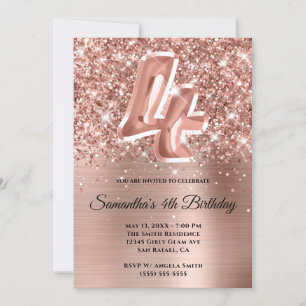 Funkelnde Glitter-Roségold-Glam 4. Geburtstag Einladung