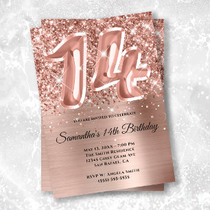 Funkelnde Glitter-Roségold-Glamour 14. Geburtstag Einladung