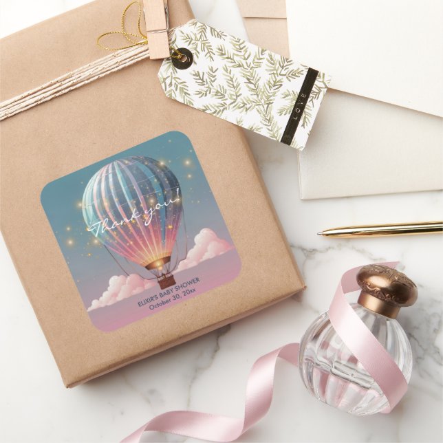 Funkelnde Glitzer Heißluftballon Babydusche Quadratischer Aufkleber (Schenken)