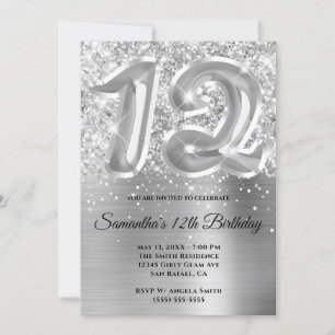 Funkelnde Glitzernde Silber Glam 12. Geburtstag Einladung