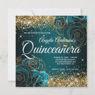 Funkelnde Gold Glitter Blaue Teal Rose Quinceañera Einladung