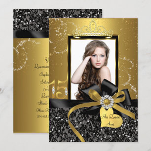 Funkelnde Goldspitze & Schleifen-Foto-Quinceanera Einladung