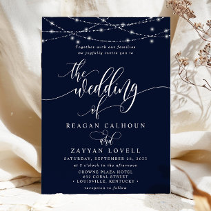 Funkelnde Lichterketten Elegante Navy-Hochzeit  Einladung