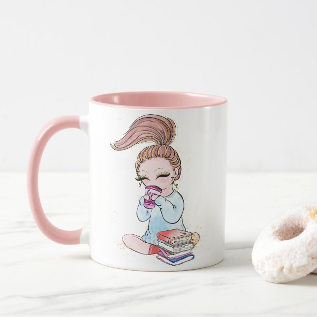 Funkelnde Mädchen-Café-Bücher  Tasse (Mit Donut)